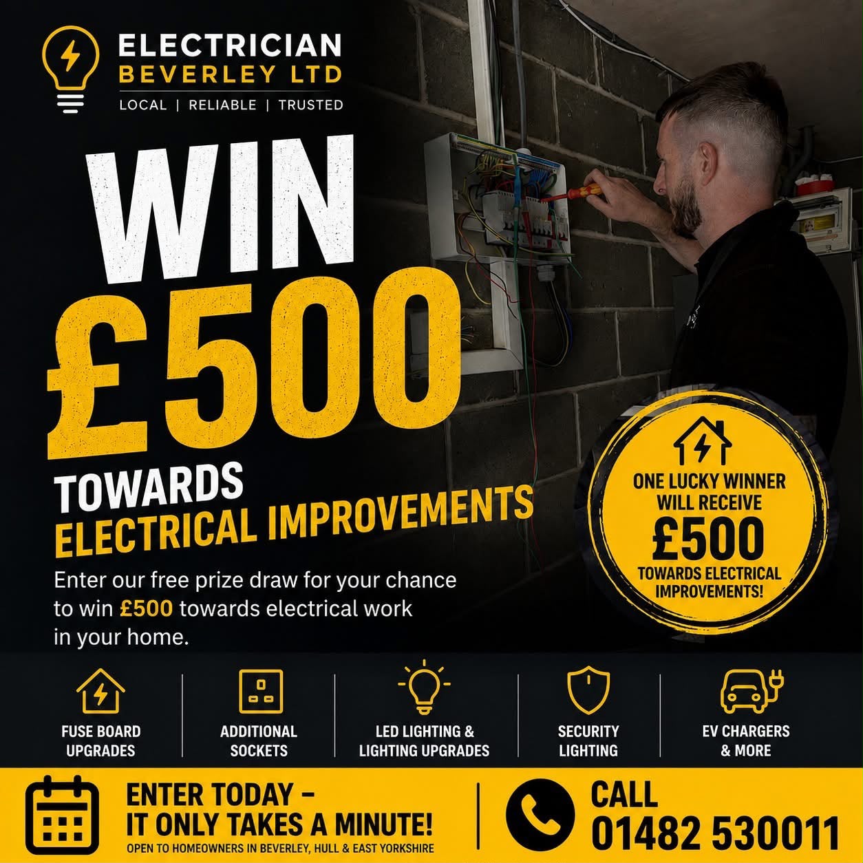 Win £500 towards electrical improvements with Electrician Beverley Ltd - free prize draw open to homeowners in Beverley, Hull and East Yorkshire